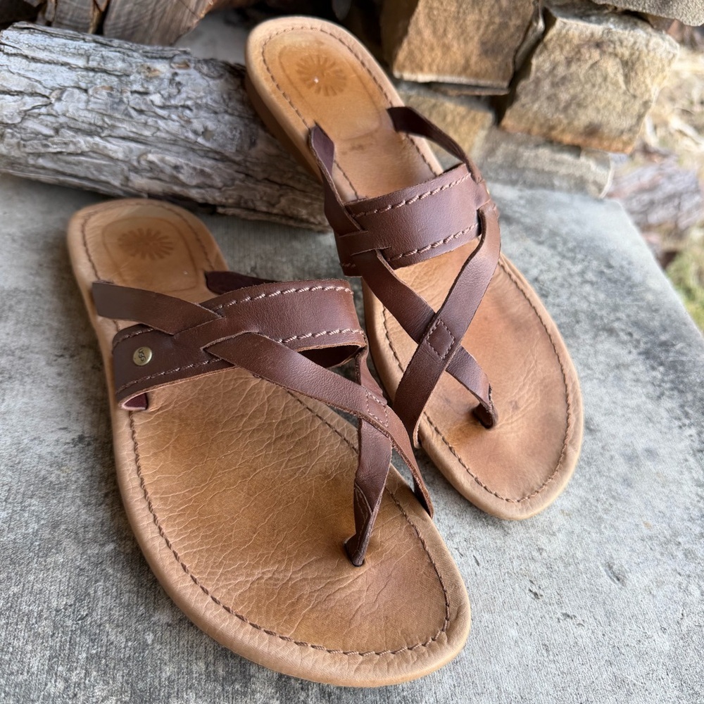 UGG Mireya Brown Leather Crisscross Sandals Sz-7.   C